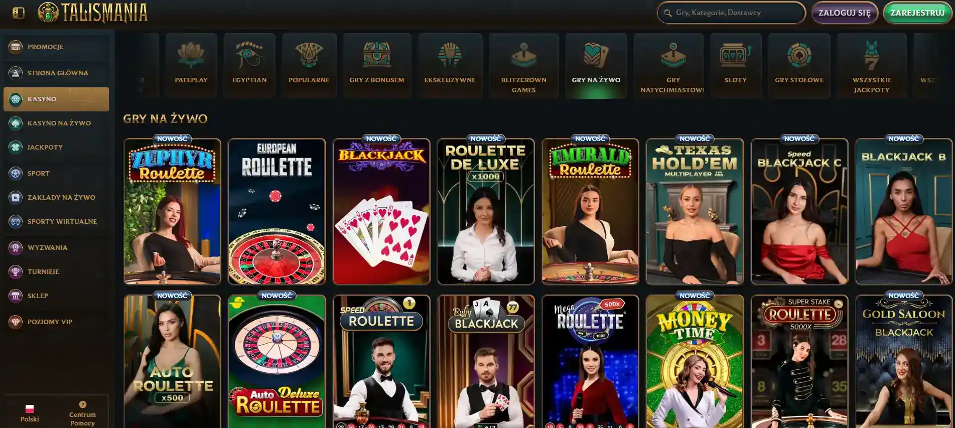 Oficjalne kasyno na żywo Talismania z kategoriami ruletki i blackjacka